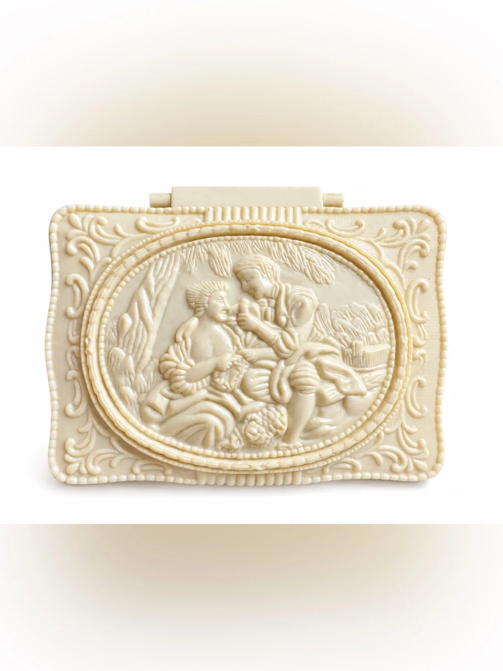 Vintage Ivory Style Ornate Jewelry Box w/ Mirror Romantic Relief Trinket Box